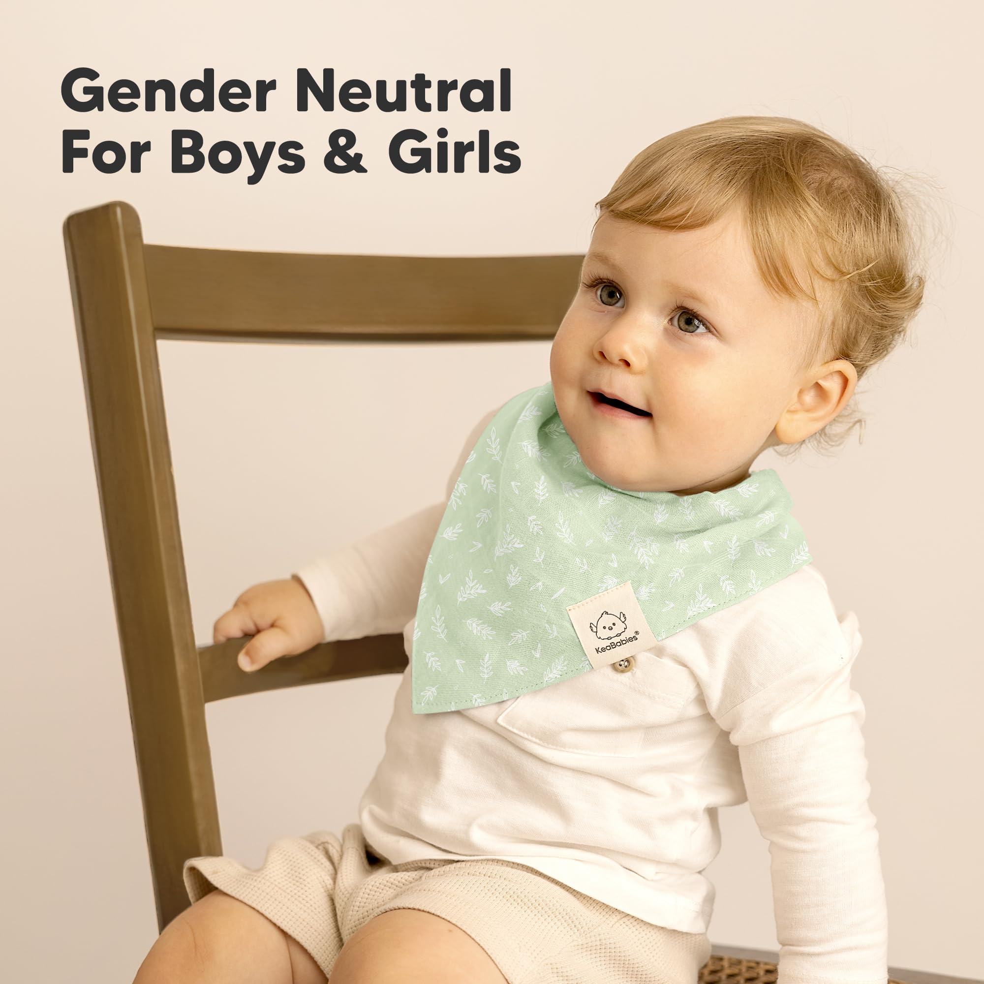 KeaBabies Lumi Muslin Bibs paired with outfits for boys and girls.
