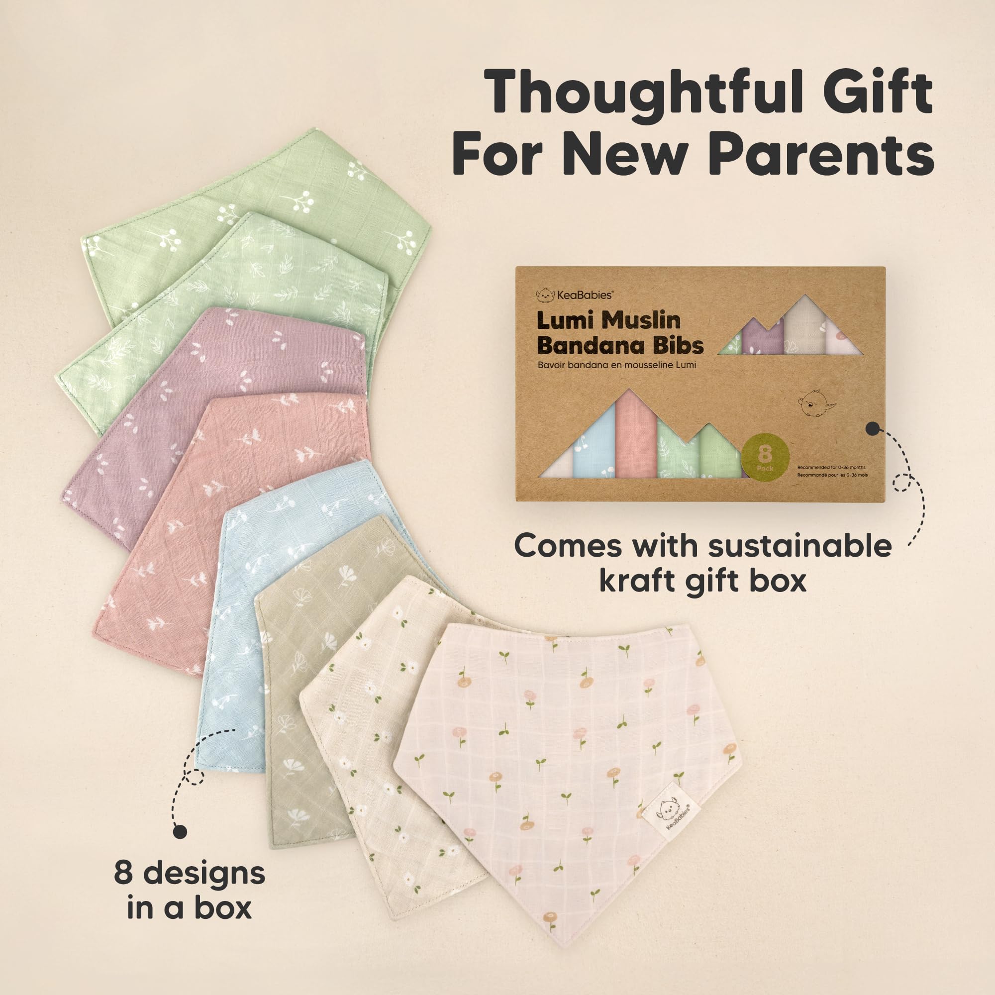 KeaBabies Lumi Muslin Bibs gift-ready packaging for baby showers.
