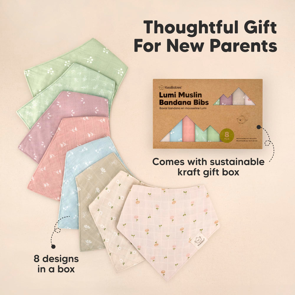KeaBabies Lumi Muslin Bibs gift-ready packaging for baby showers.