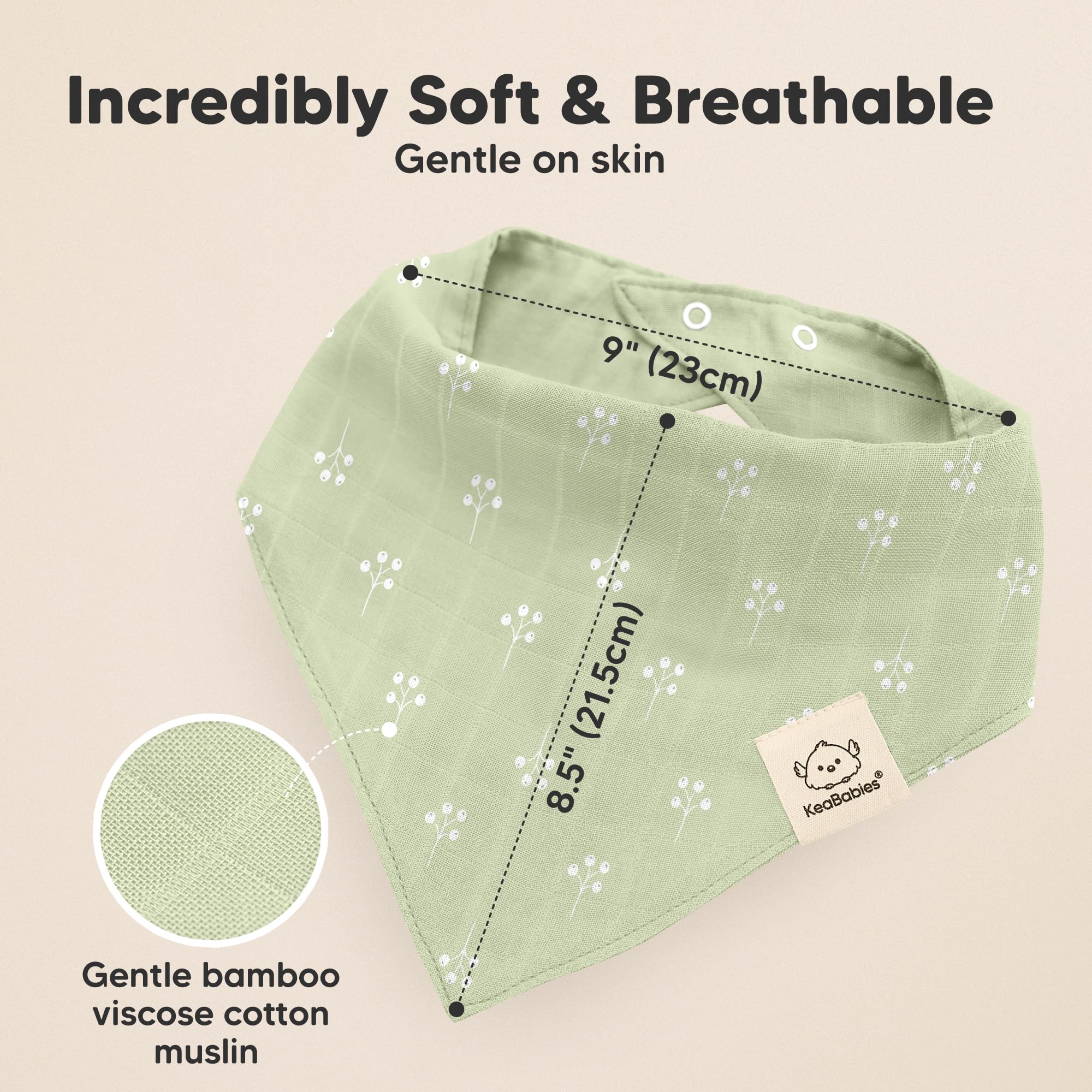 KeaBabies Lumi Muslin Bibs adjustable snaps for newborn to toddler fit.