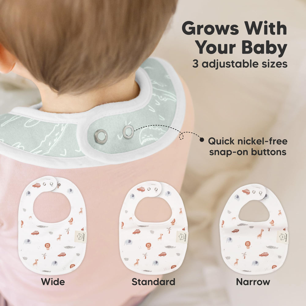 KeaBabies Wilderness bibs close-up shows nickel-free snaps for gentle, secure sizing.