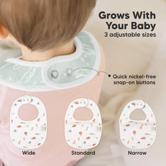 KeaBabies Wilderness bibs close-up shows nickel-free snaps for gentle, secure sizing.