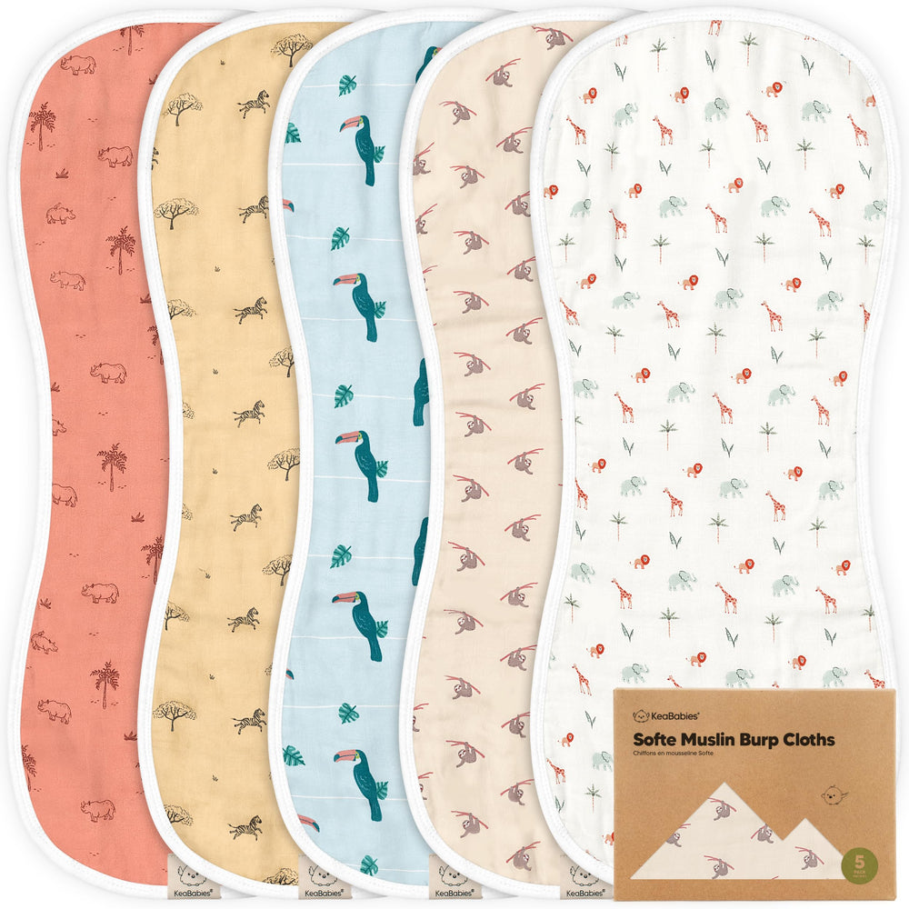 KeaBabies Wildscape 5-pack burp cloths folded for easy travel and mess protection