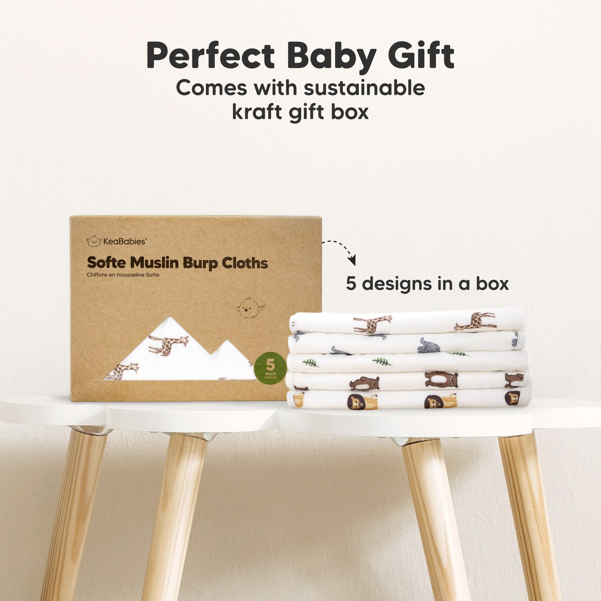 KeaBabies Wildscape neatly stacked burp cloths ready for quick access