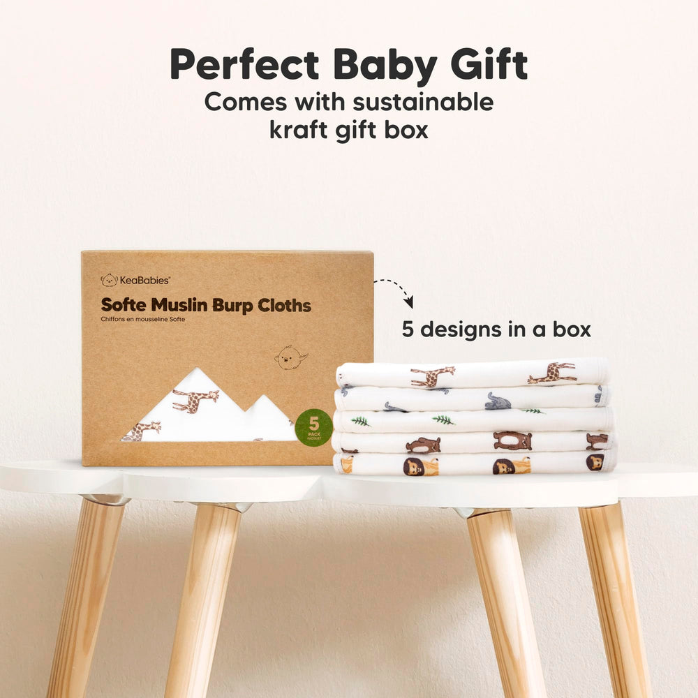 KeaBabies Wildscape neatly stacked burp cloths ready for quick access