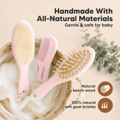 KeaBabies wooden handle close-up showing ergonomic design for easy grooming.