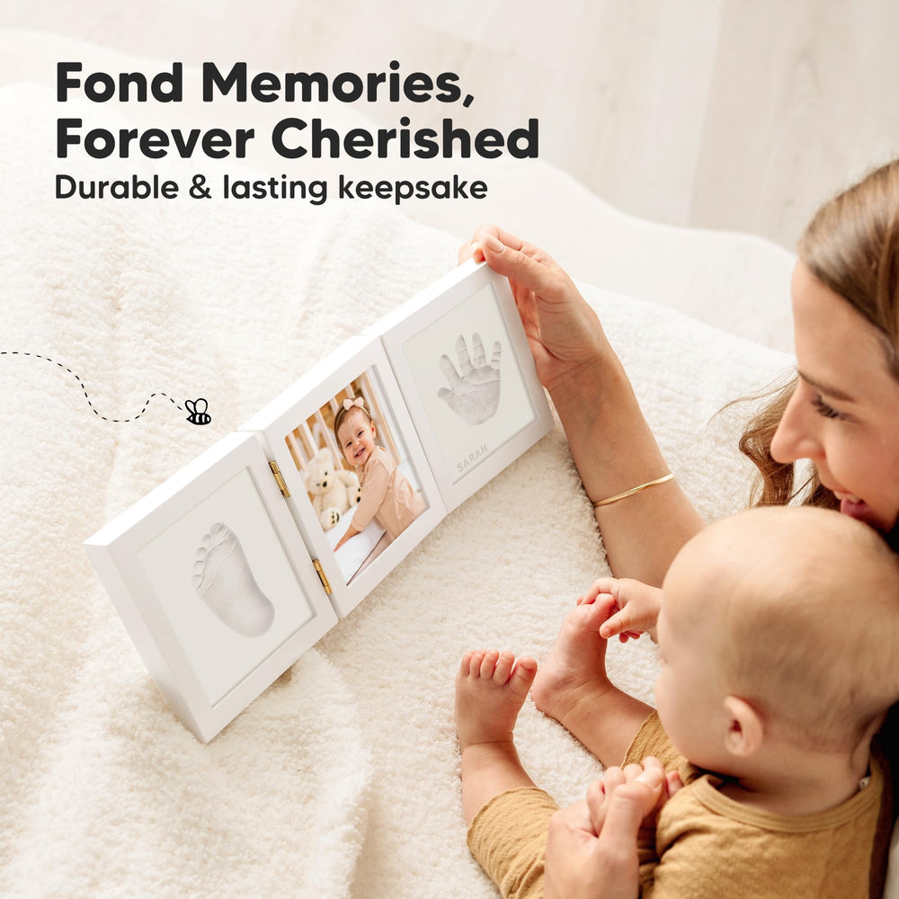 KeaBabies wooden tri-fold frame with glass cover preserves keepsakes in a stylish display