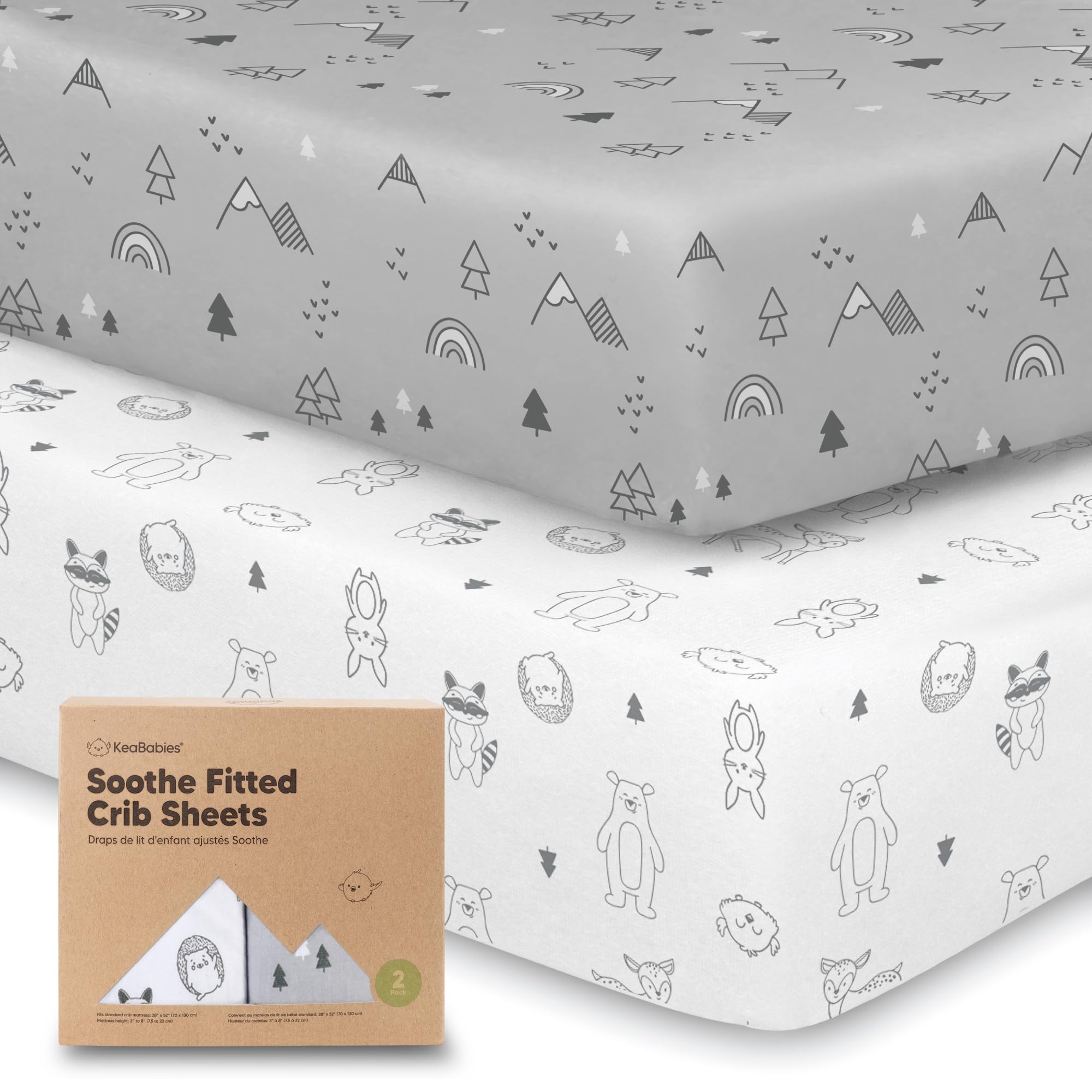 KeaBabies 2-pack Woodland crib sheets folded for quick setup and tidy nursery