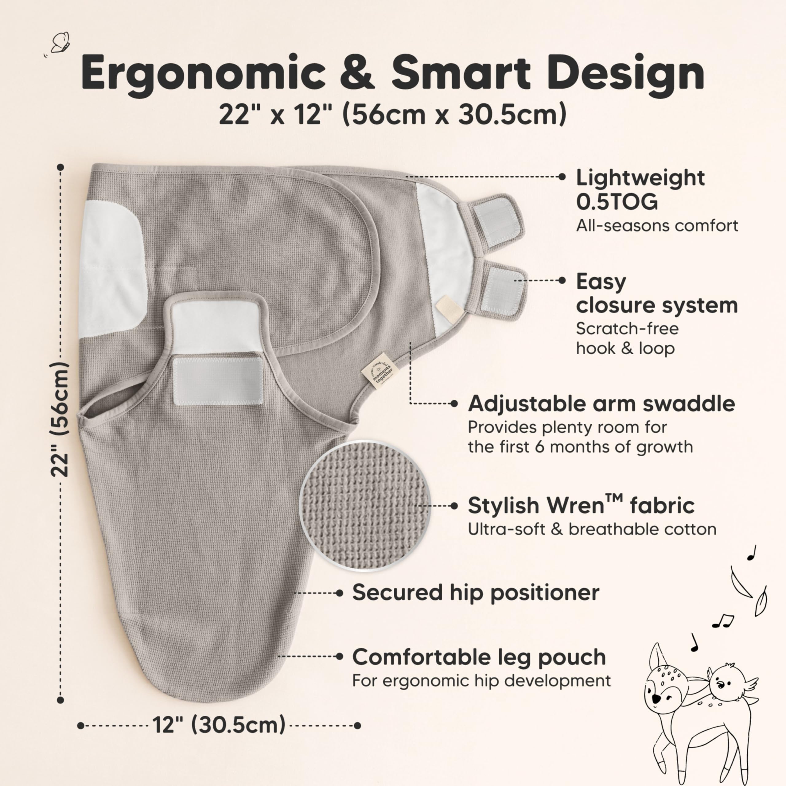 KeaBabies Wren swaddle offers four-step closure for easy dressing.