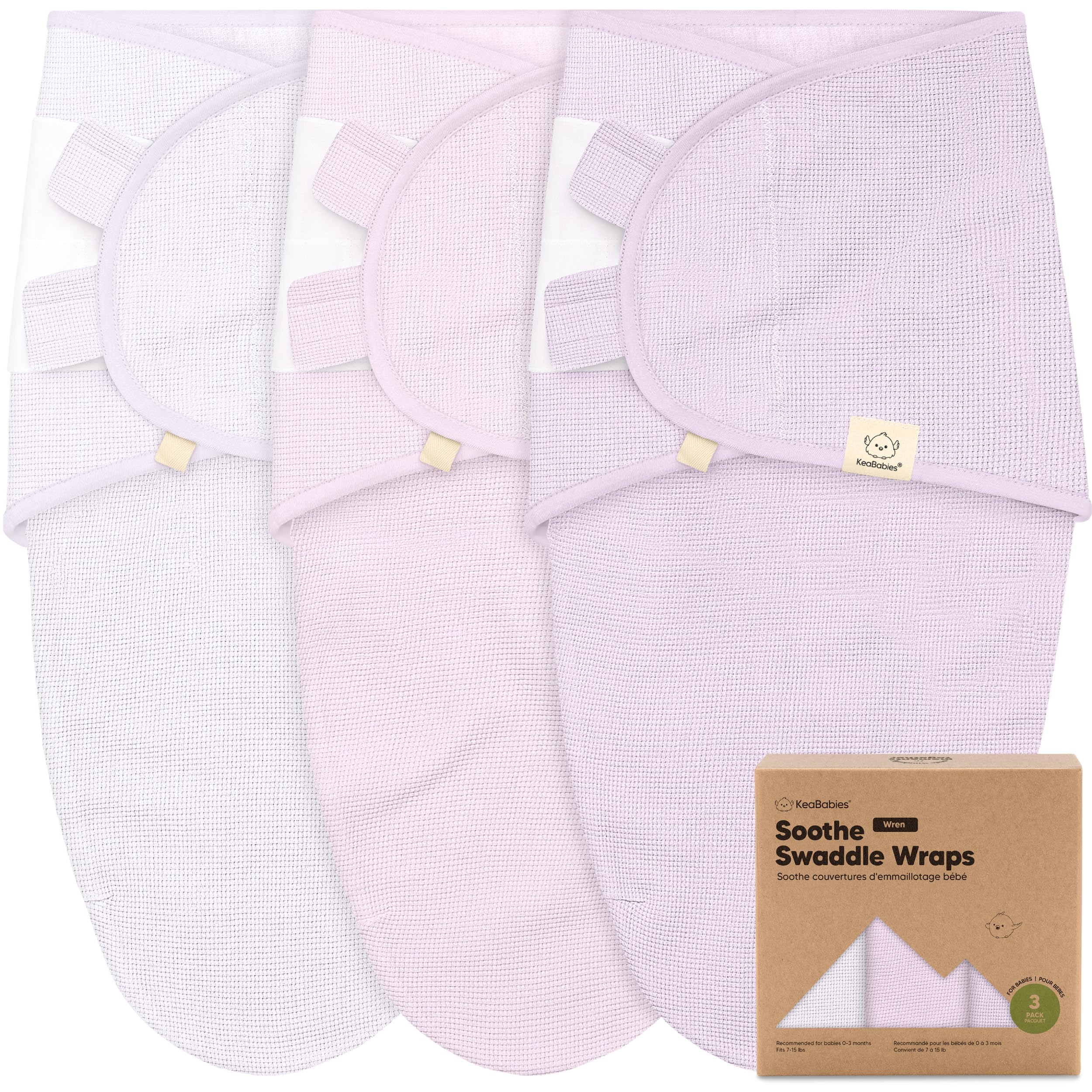 KeaBabies Wren Swaddle Soft Lilac showing secure newborn wrap for sleep.