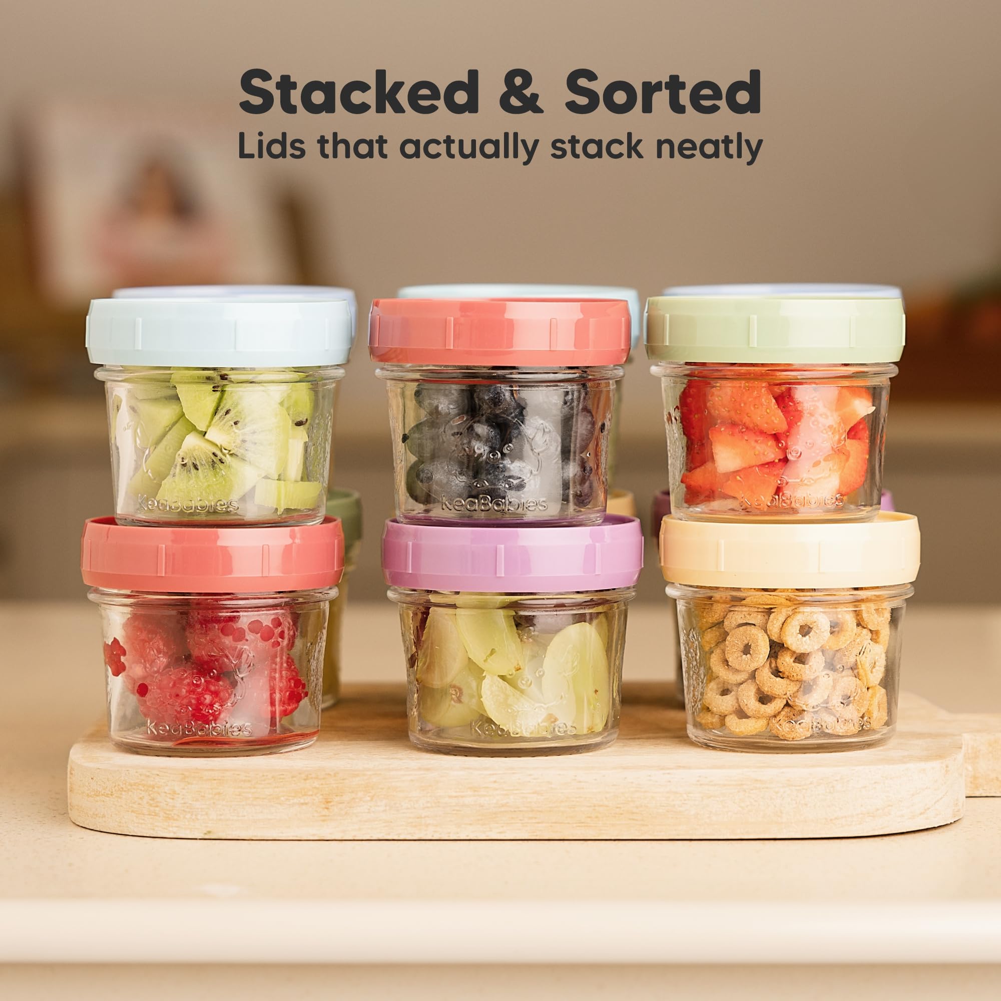 KeaBabies writable lids support easy labeling and portion tracking.