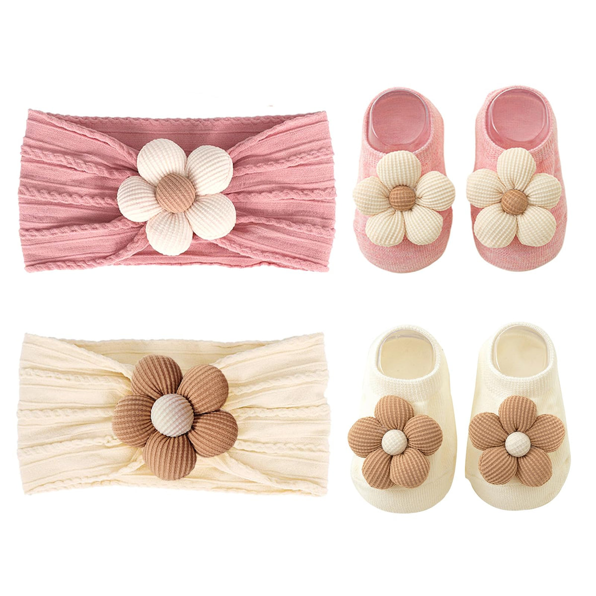KEAINVRN 3D floral headband pink beige - gentle fit for delicate baby hair
