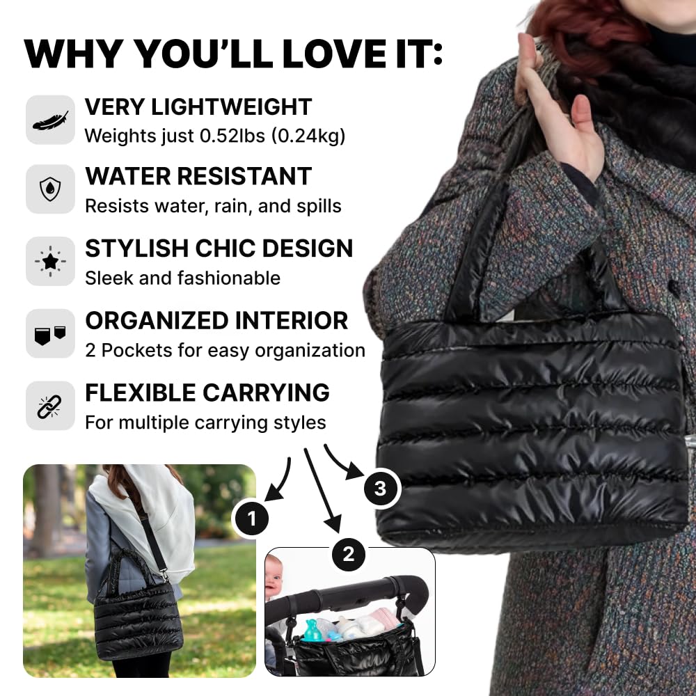 Kedaa Puffer Tote Bag measures 13.4 by 6.7 by 9 inches.