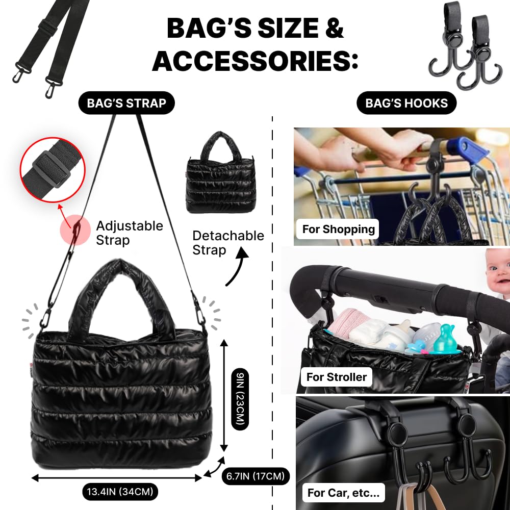 Kedaa Puffer Tote Bag includes two hooks for stroller or cart attachment.