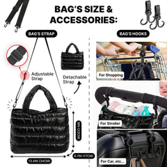 Kedaa Puffer Tote Bag includes two hooks for stroller or cart attachment.
