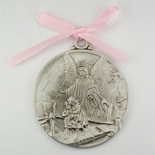KeegansCatholicTreasures guardian angel crib medal with pink ribbon keepsake for baptism