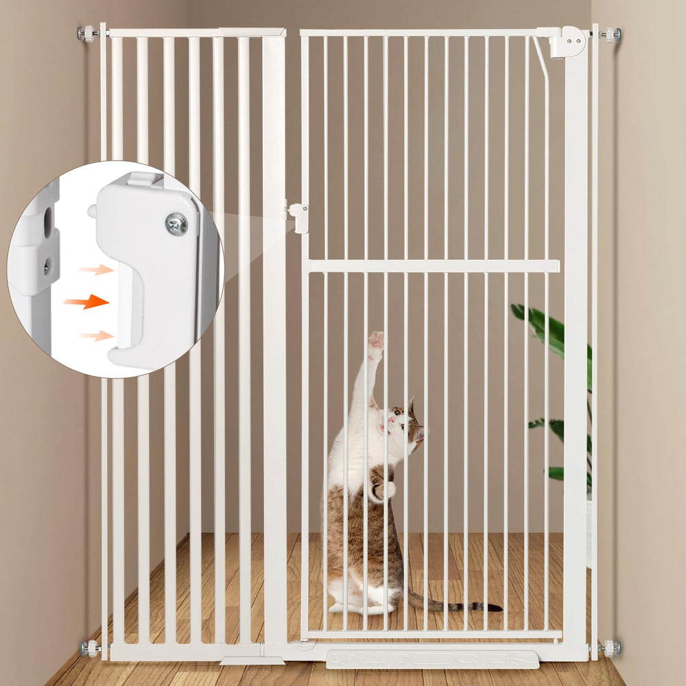 Keeric 59-inch tall cat gate with steel construction for durable pet containment.