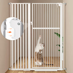 Keeric 59-inch tall cat gate with steel construction for durable pet containment.