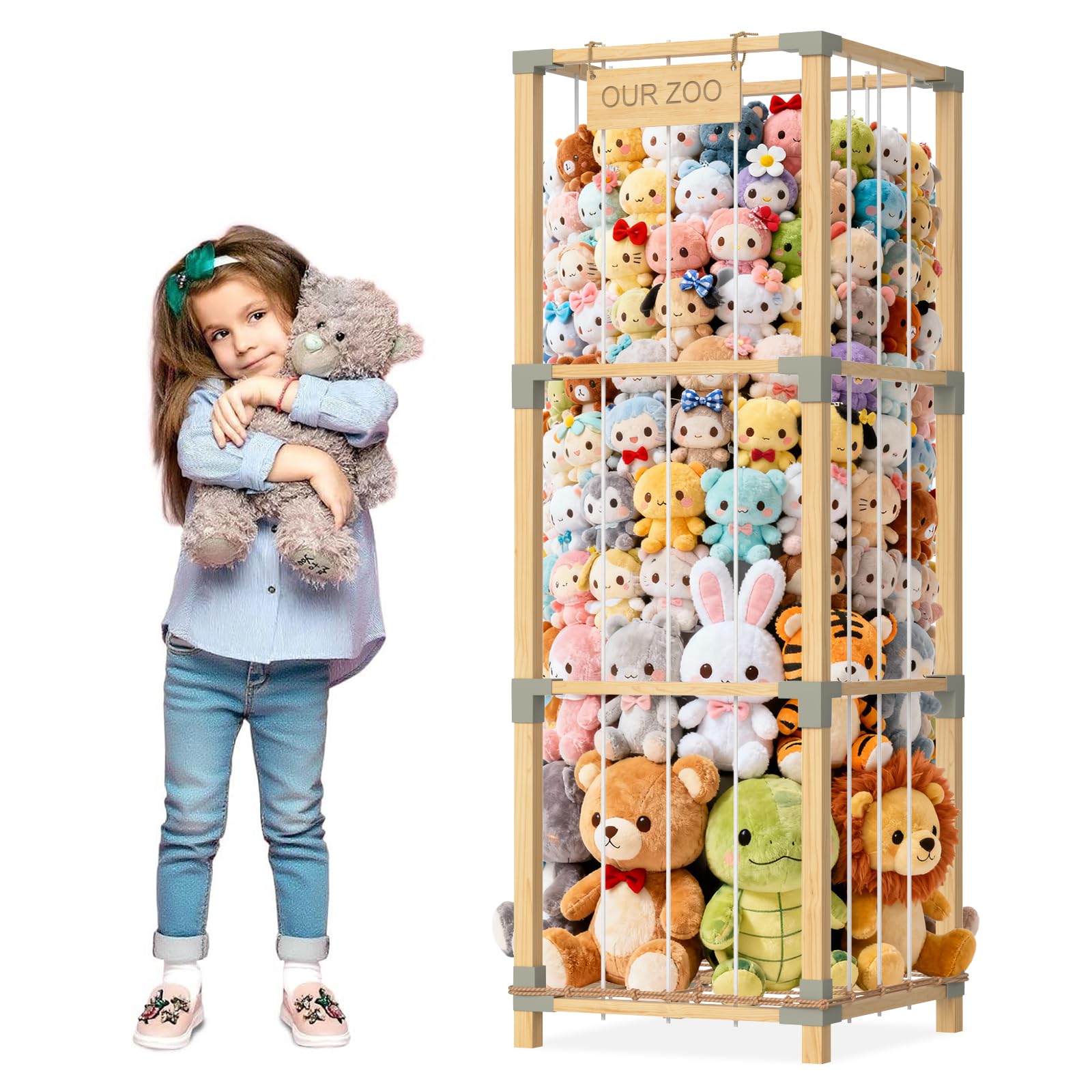 Keeswin 200L stuffed animal zoo storage tower demonstrates ample capacity for plush toy organization
