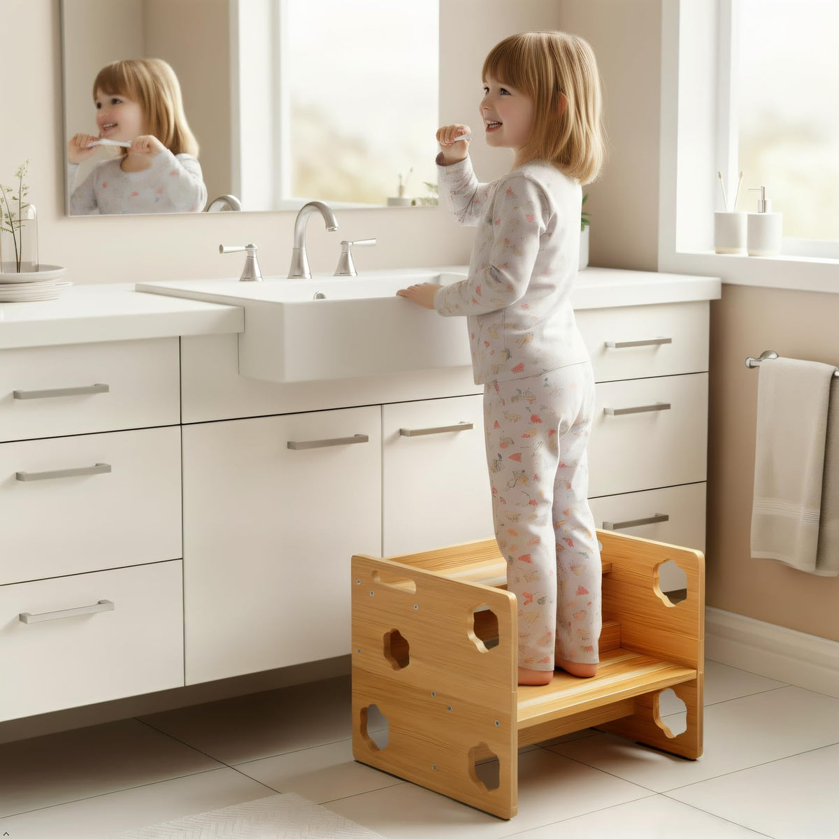 Keeswin Step Stool dual-height design for growing kids, helping reach sinks and counters.