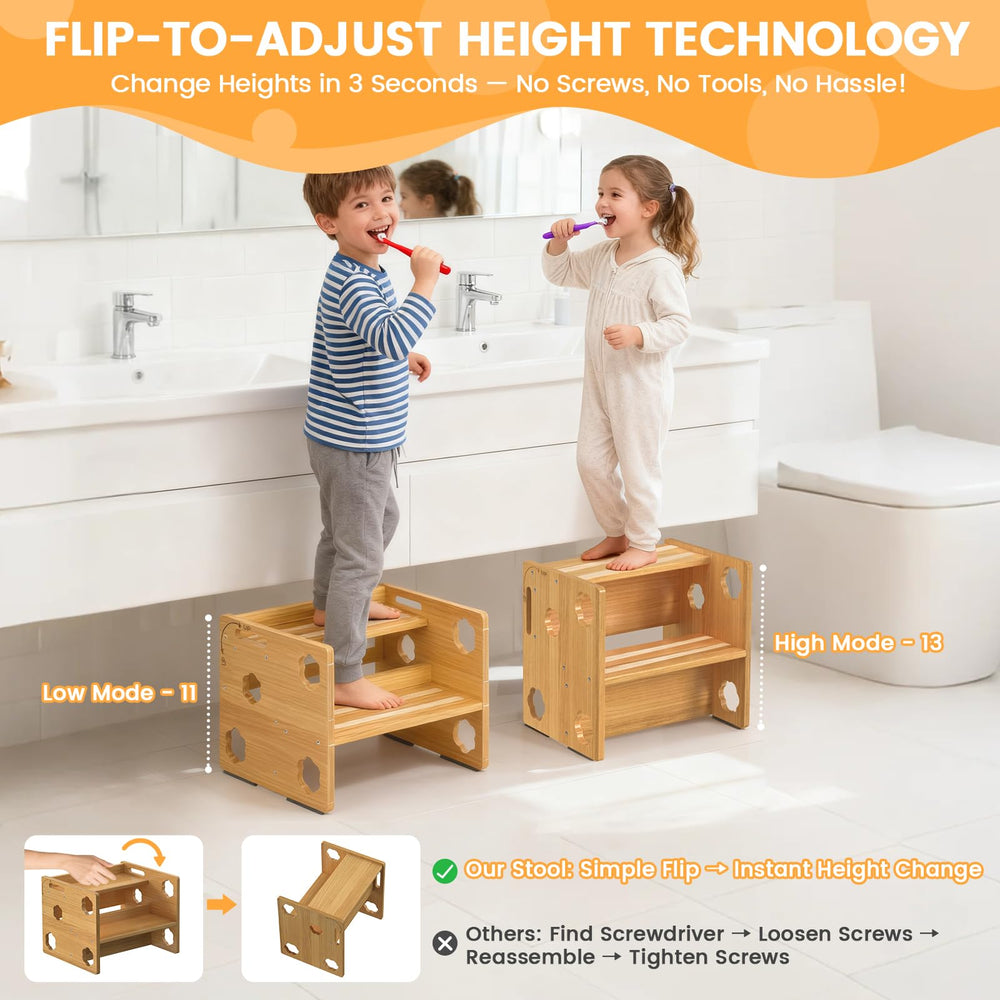 Keeswin Step Stool two-step height adjusts to support kids' independence.