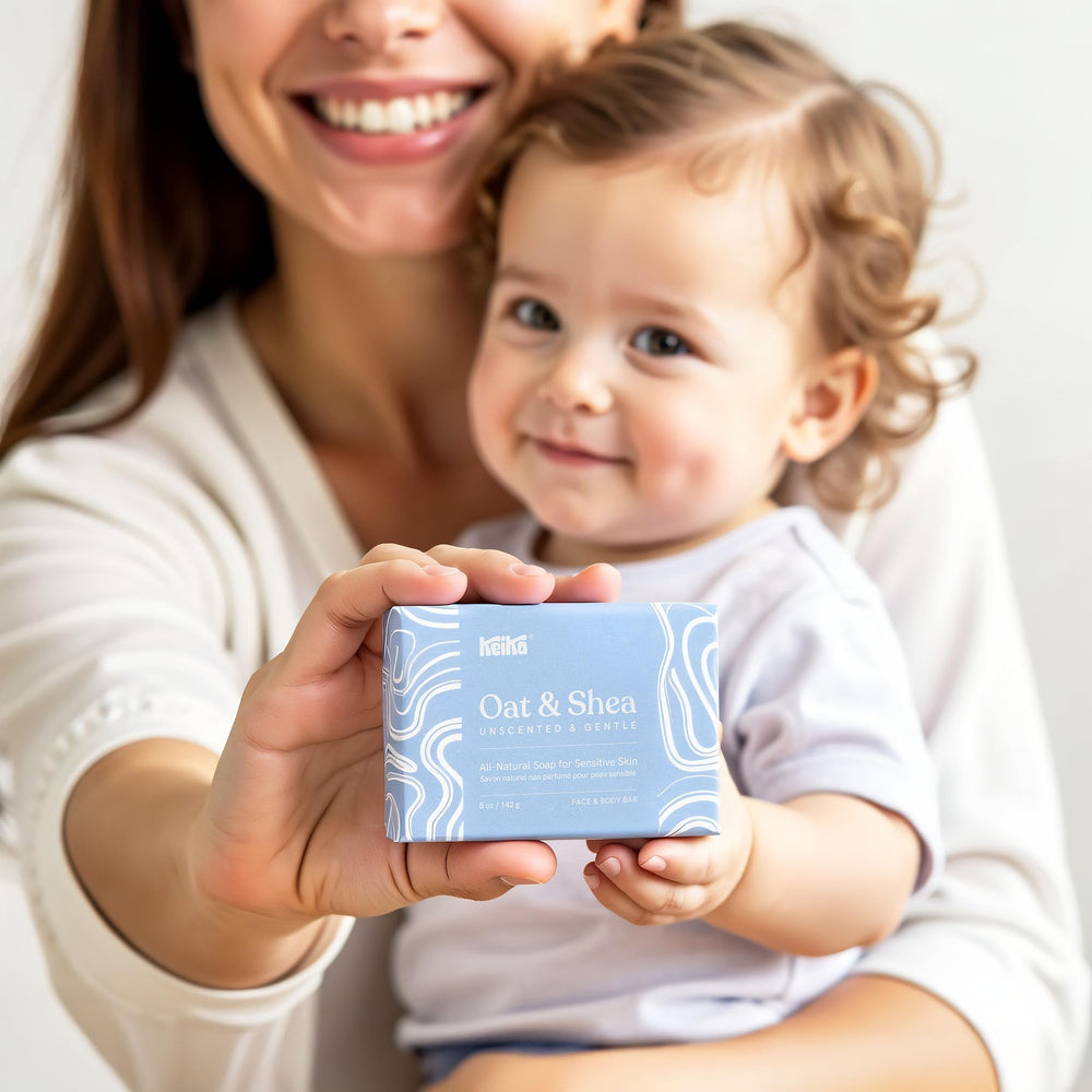 Keika Baby Soap Bar oat and shea closeup texture highlights creamy cleansing.