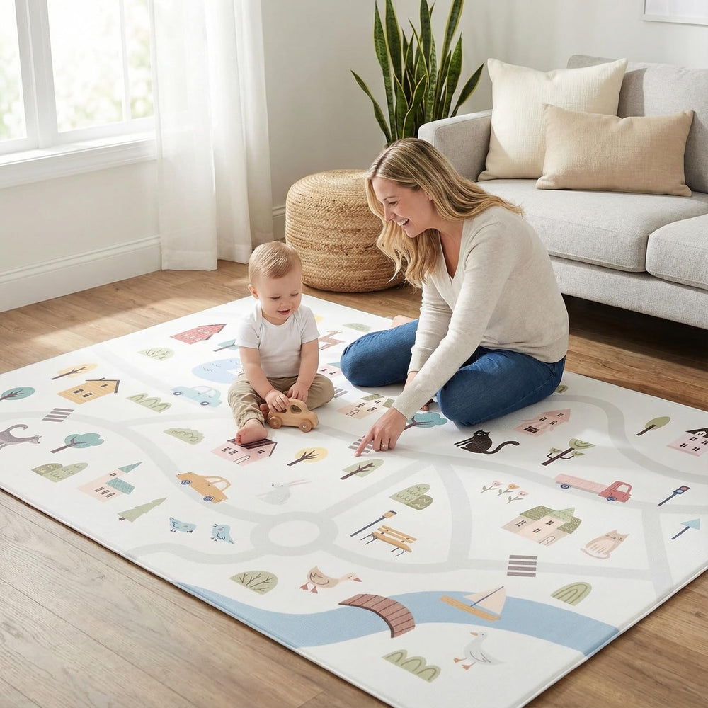 Keiki Care padded foam mat showcases 1.5 cm thickness for comfortable floor time.