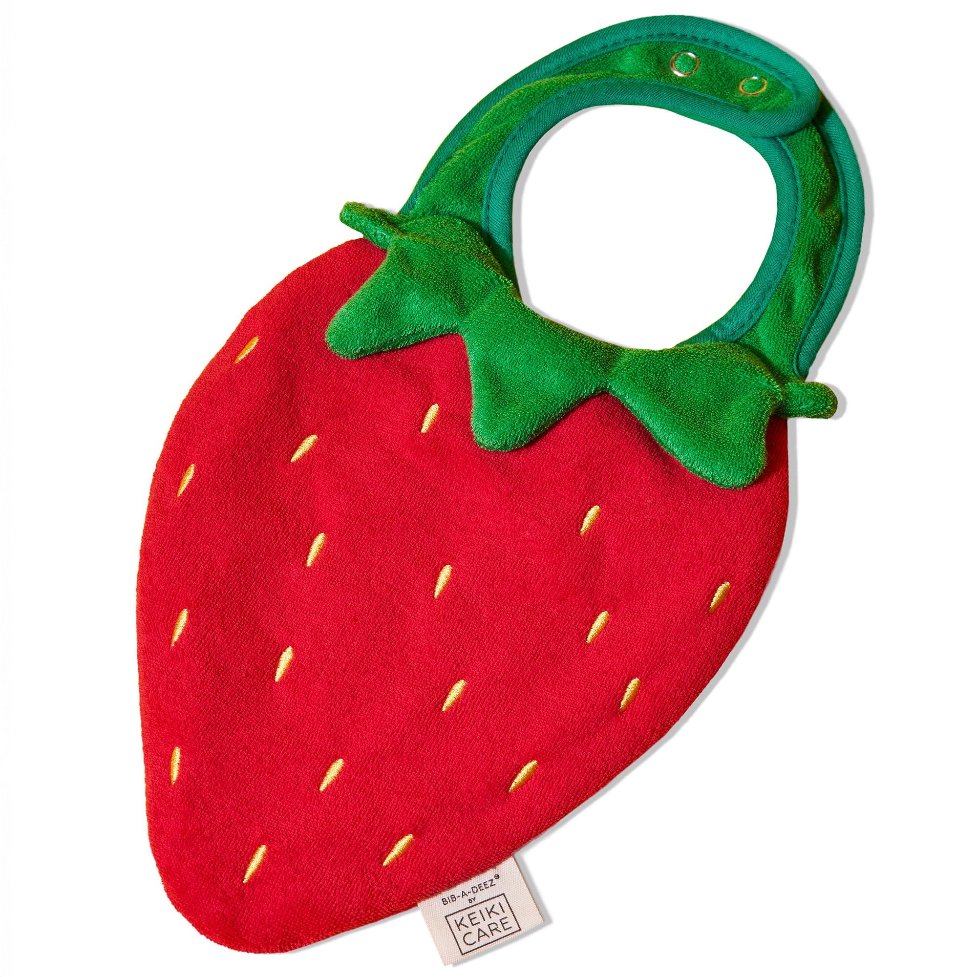 KEIKI CARE strawberry-shaped bib front view offers playful style and drool absorption for infants.