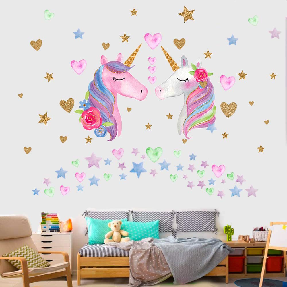 KeLay Fs unicorn wall decal pink-green-hearts elevates playroom styling.
