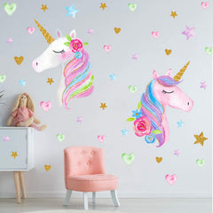 KeLay Fs unicorn wall decal two-heads-with-flowers creates a focal wall.