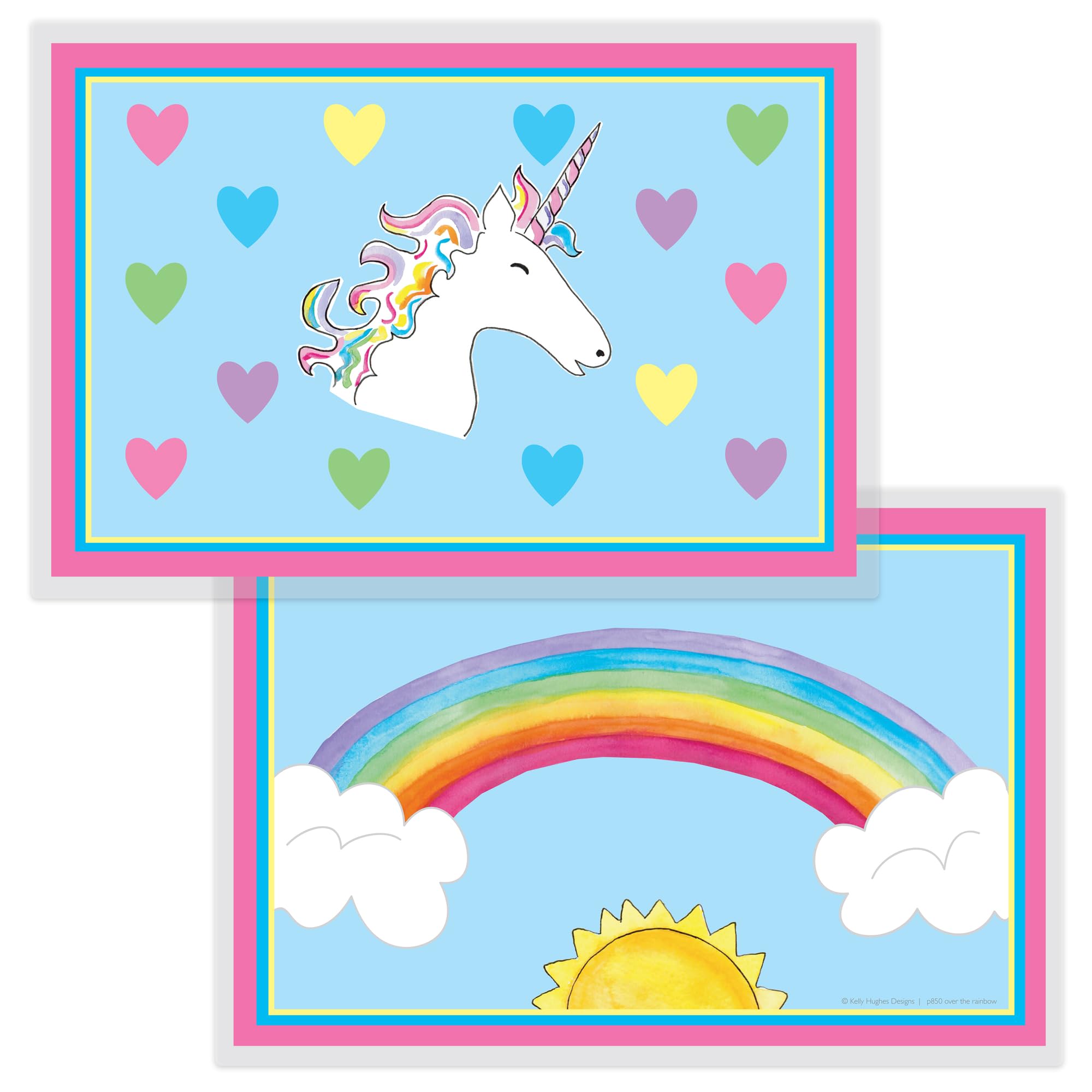 Kelly Hughes Designs unicorn rainbow placemat Side A — vivid art for mealtime and easy wipe-clean.