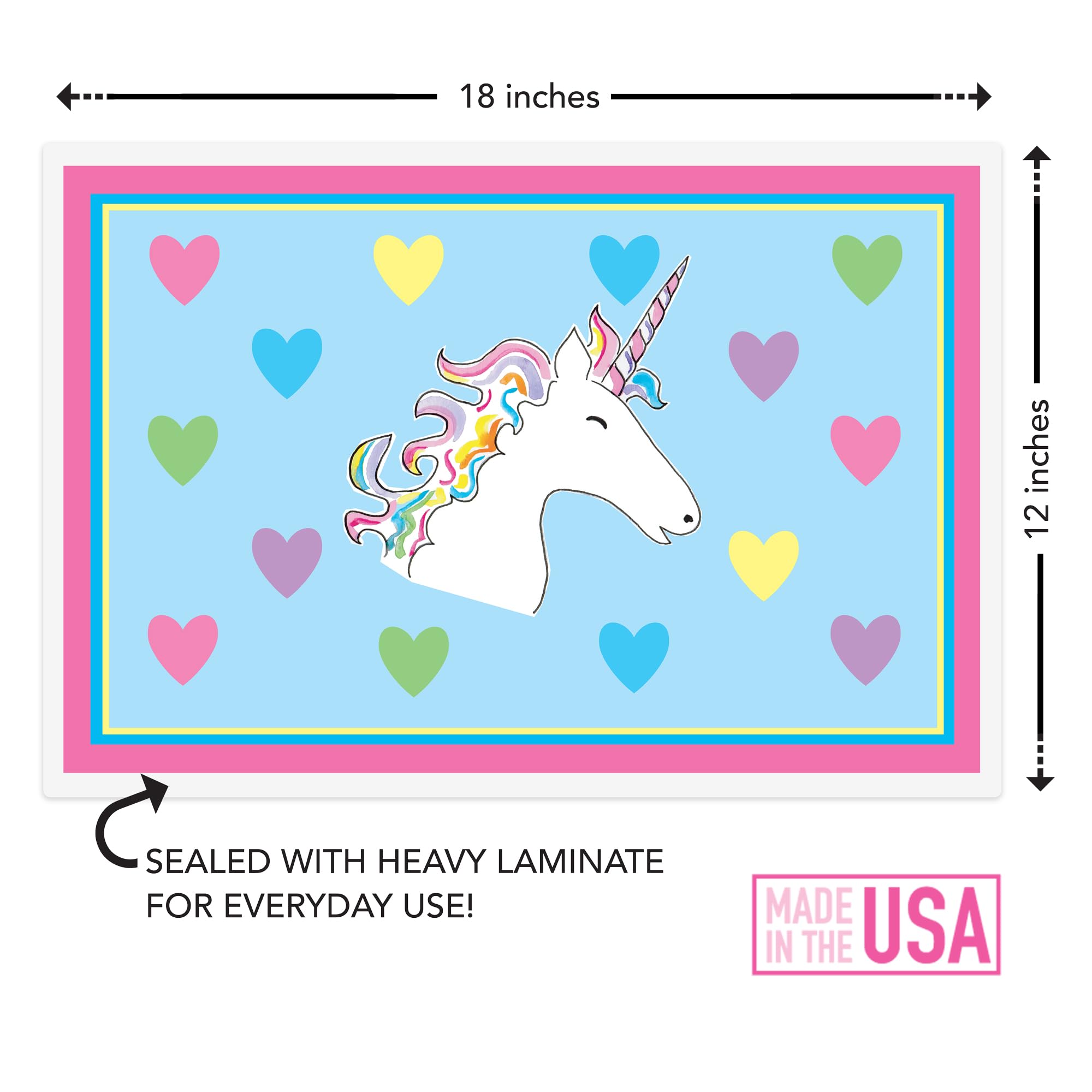 Kelly Hughes Designs unicorn rainbow placemat Side B — whimsical side for variety and quick wipe-clean.