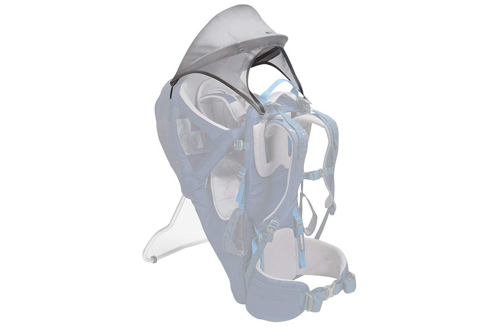 Kelty Journey Perfectfit sunshade on carrier in gray provides sun protection for adventures.