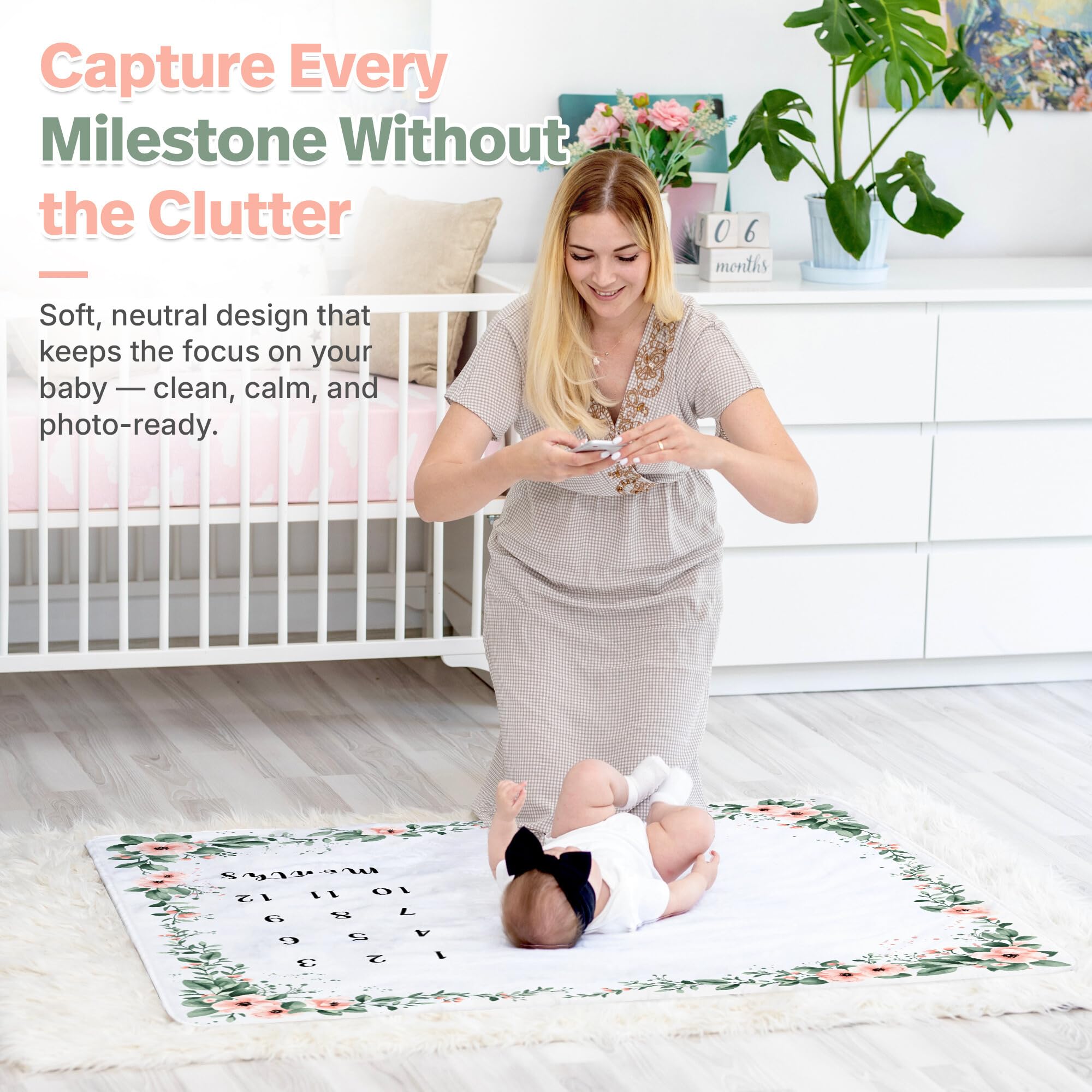 KEMINA BLANKETS monthly milestone prop highlights growth with a soft, floral setting.