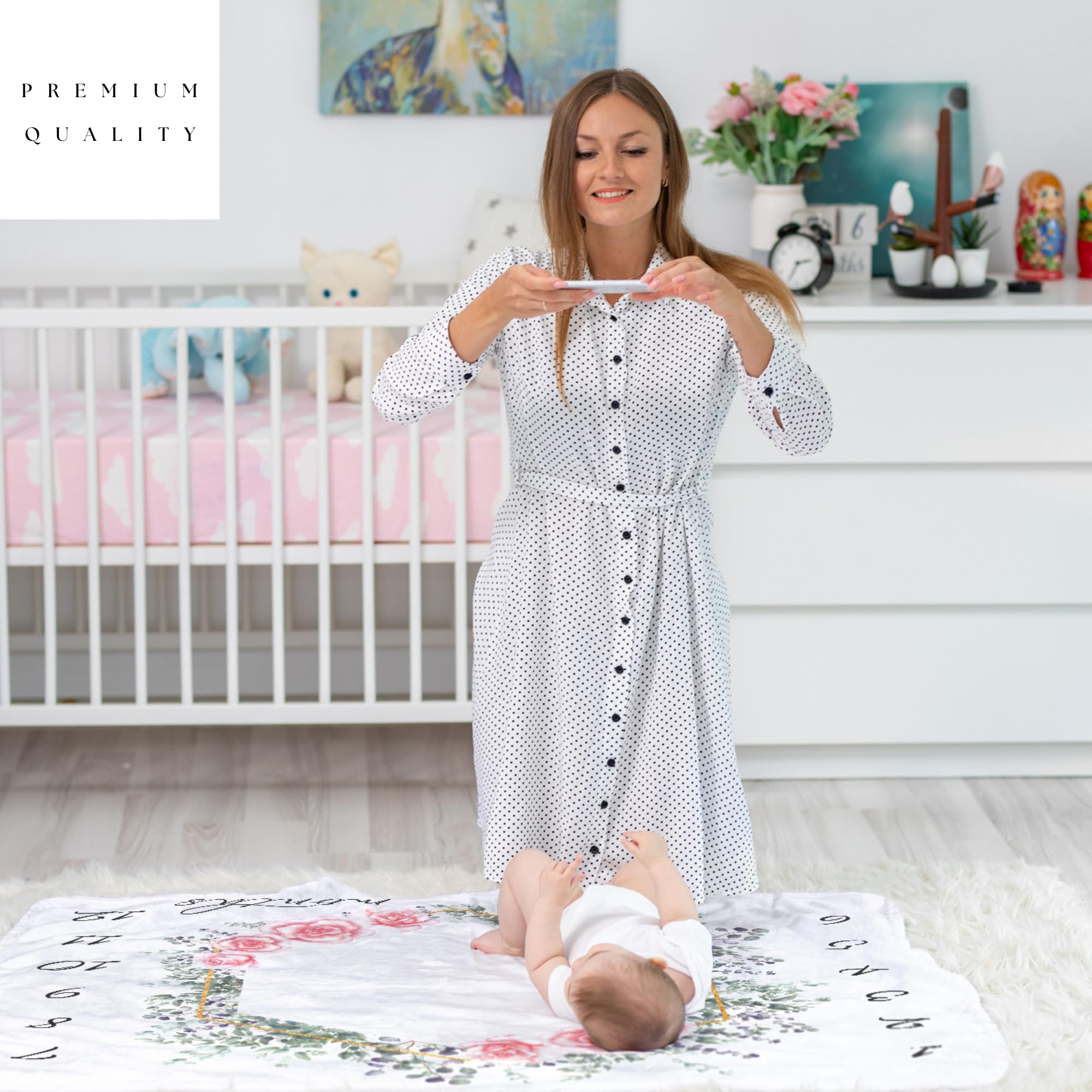 KEMINA BLANKETS nursery decor idea pairs with elegant floral styling.