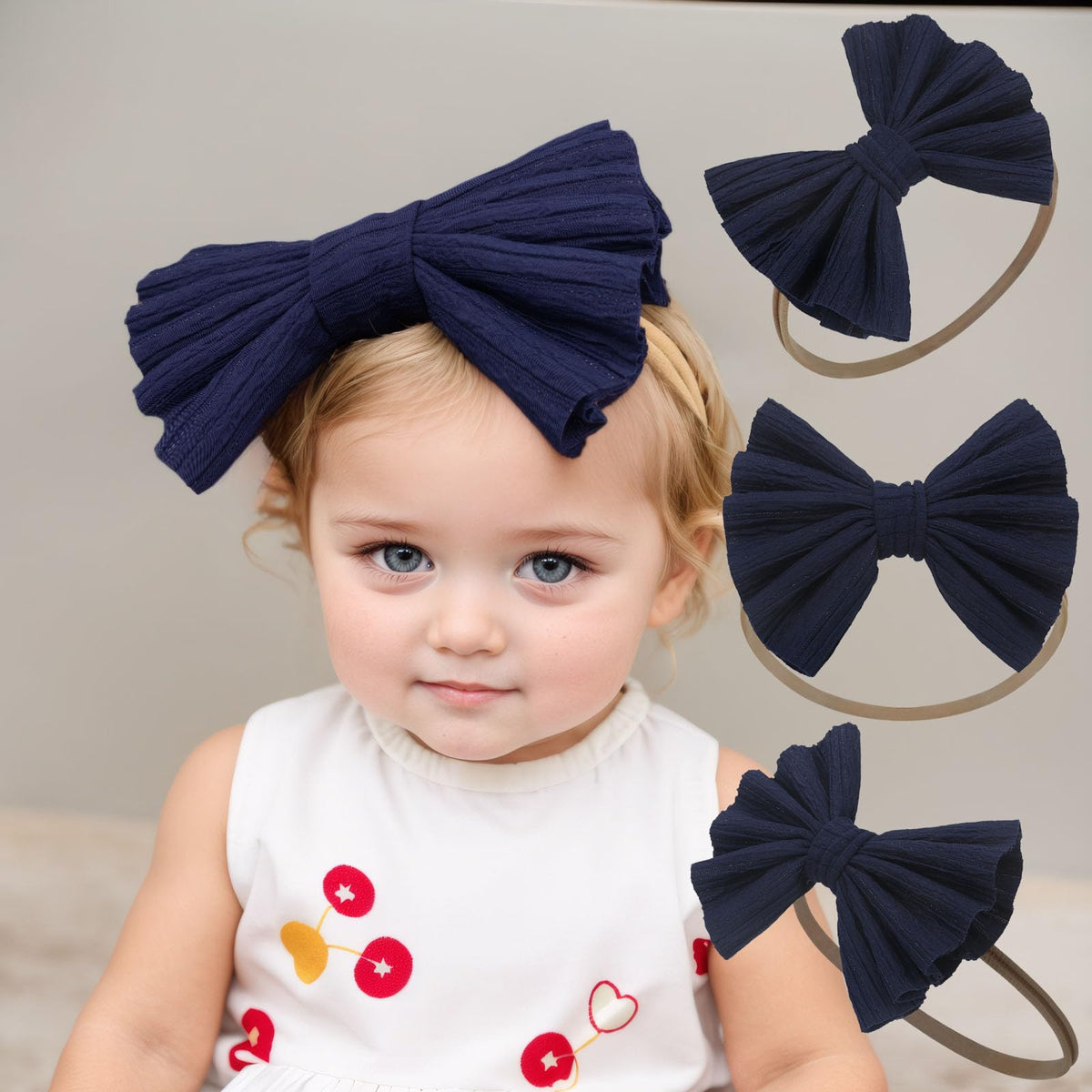 Kenjudess dark-blue bow headband provides secure, comfortable fit for newborns.