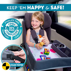 Kenley Kids Travel Tray cup holders secure drinks for mess-free road trips.