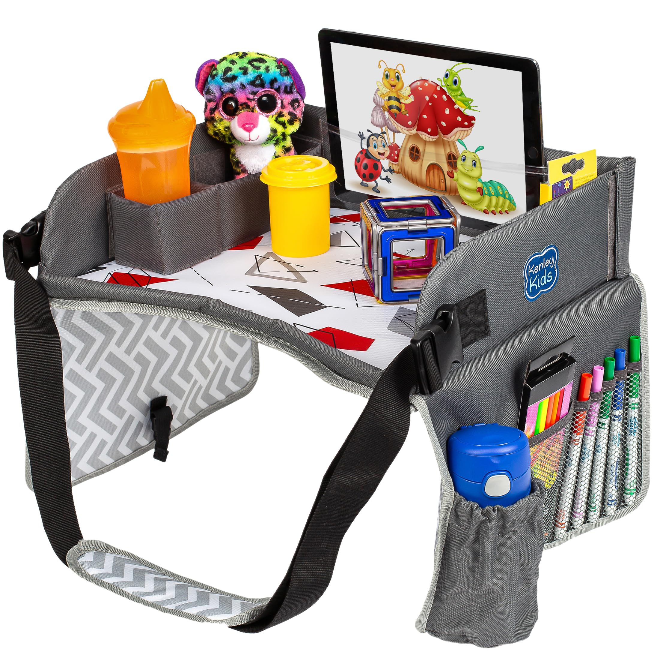 Kenley Kids Travel Tray front view in red-gray boosts in-car meals and playtime