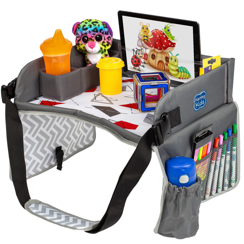 Kenley Kids Travel Tray front view in red-gray boosts in-car meals and playtime