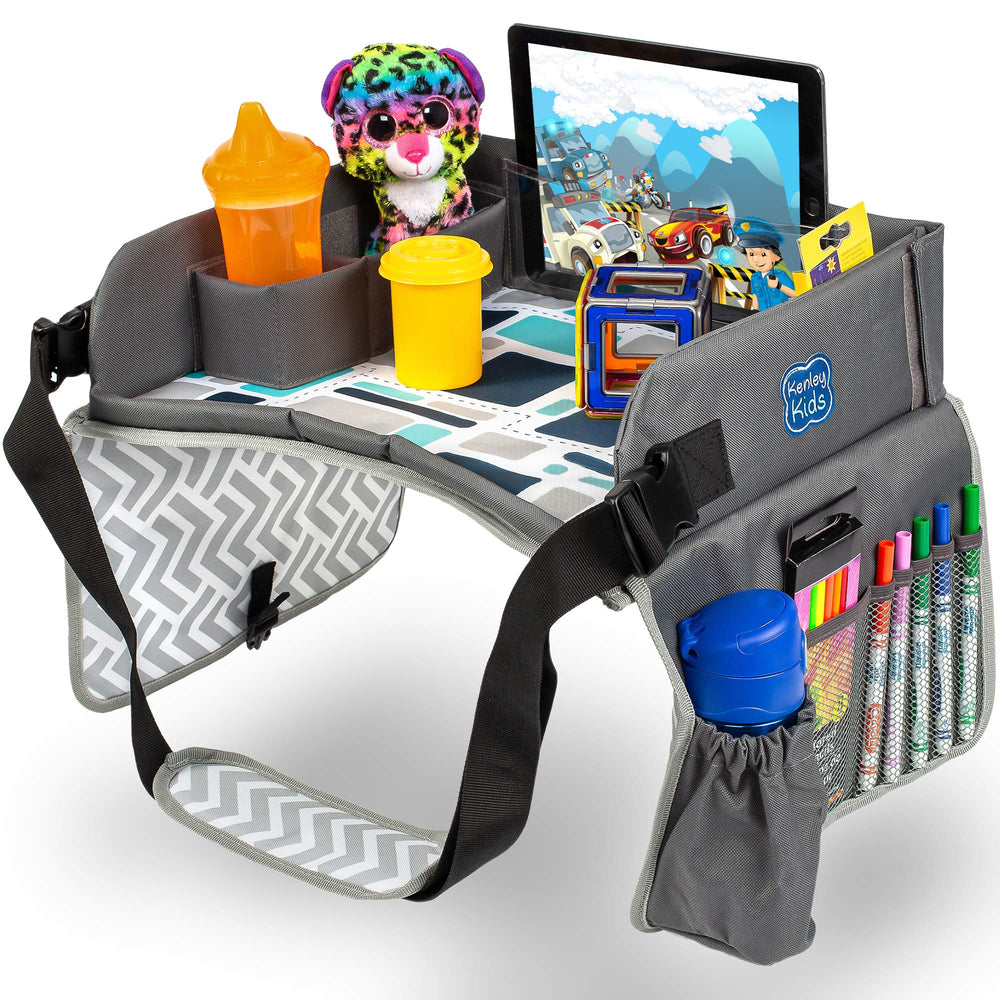 Kenley Kids Travel Tray main view in blue-gray for organized car-seat play