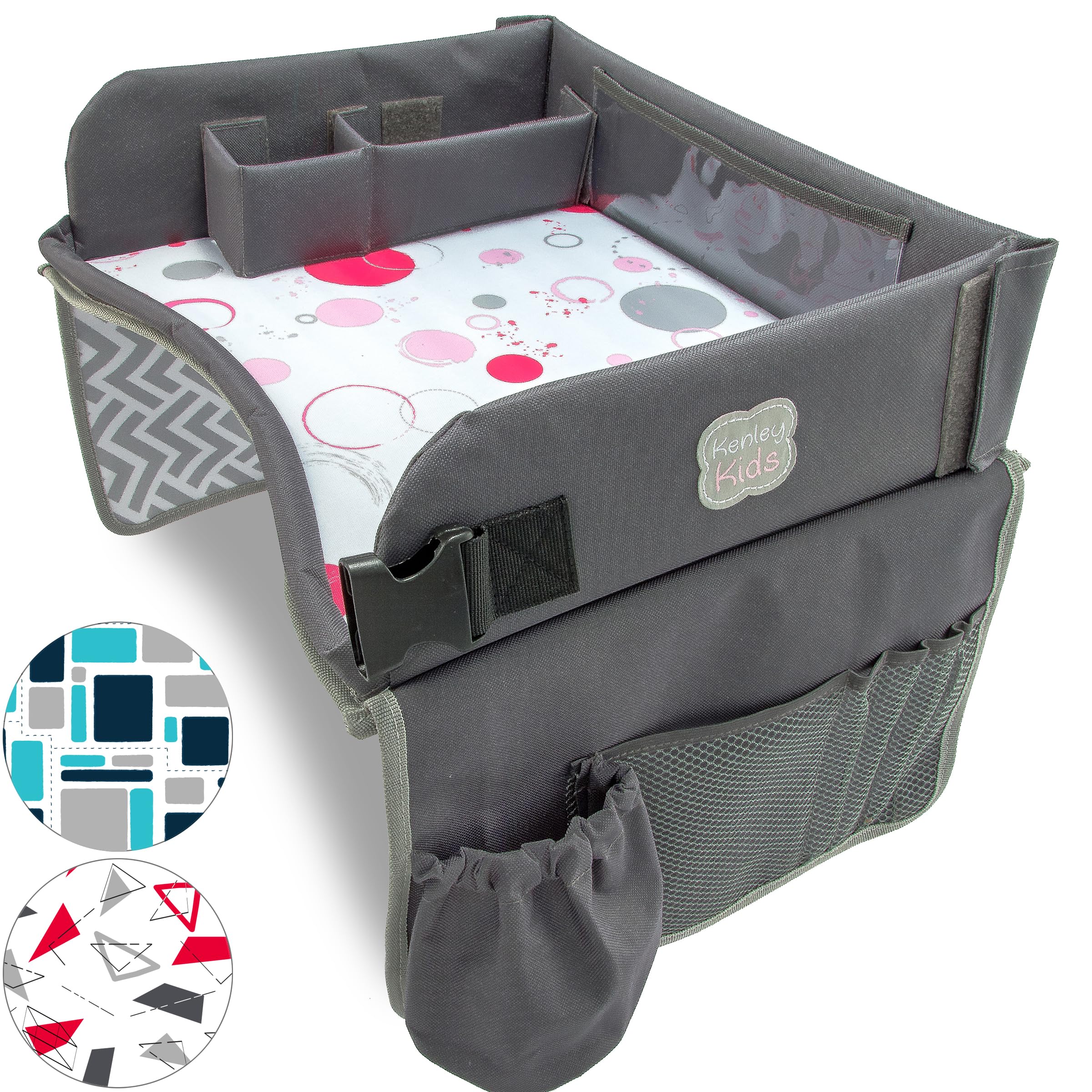 Kenley Kids Travel Tray pink gray color enhances backseat setup with stylish practicality.