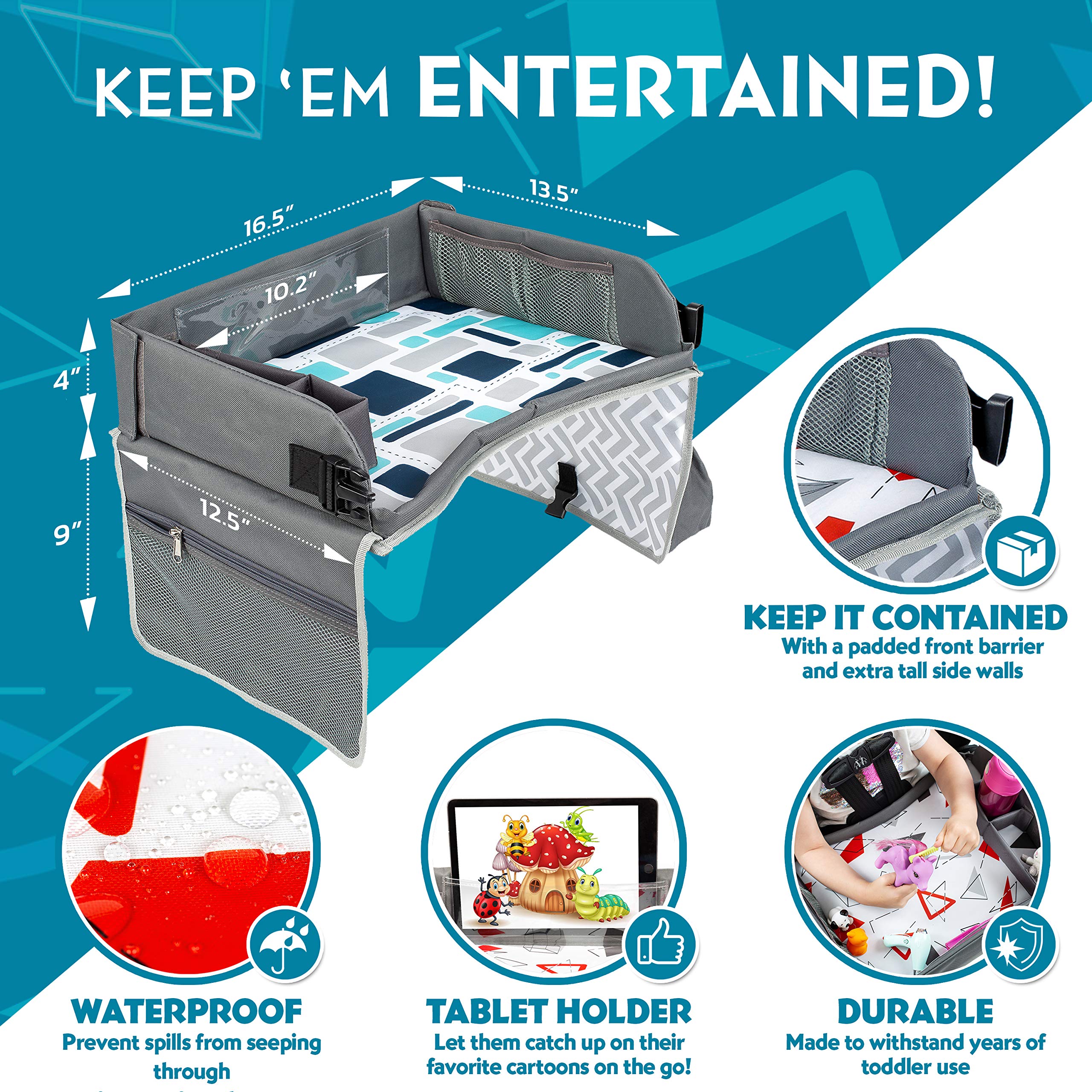 Kenley Kids Travel Tray storage pockets keep crayons and snacks organized
