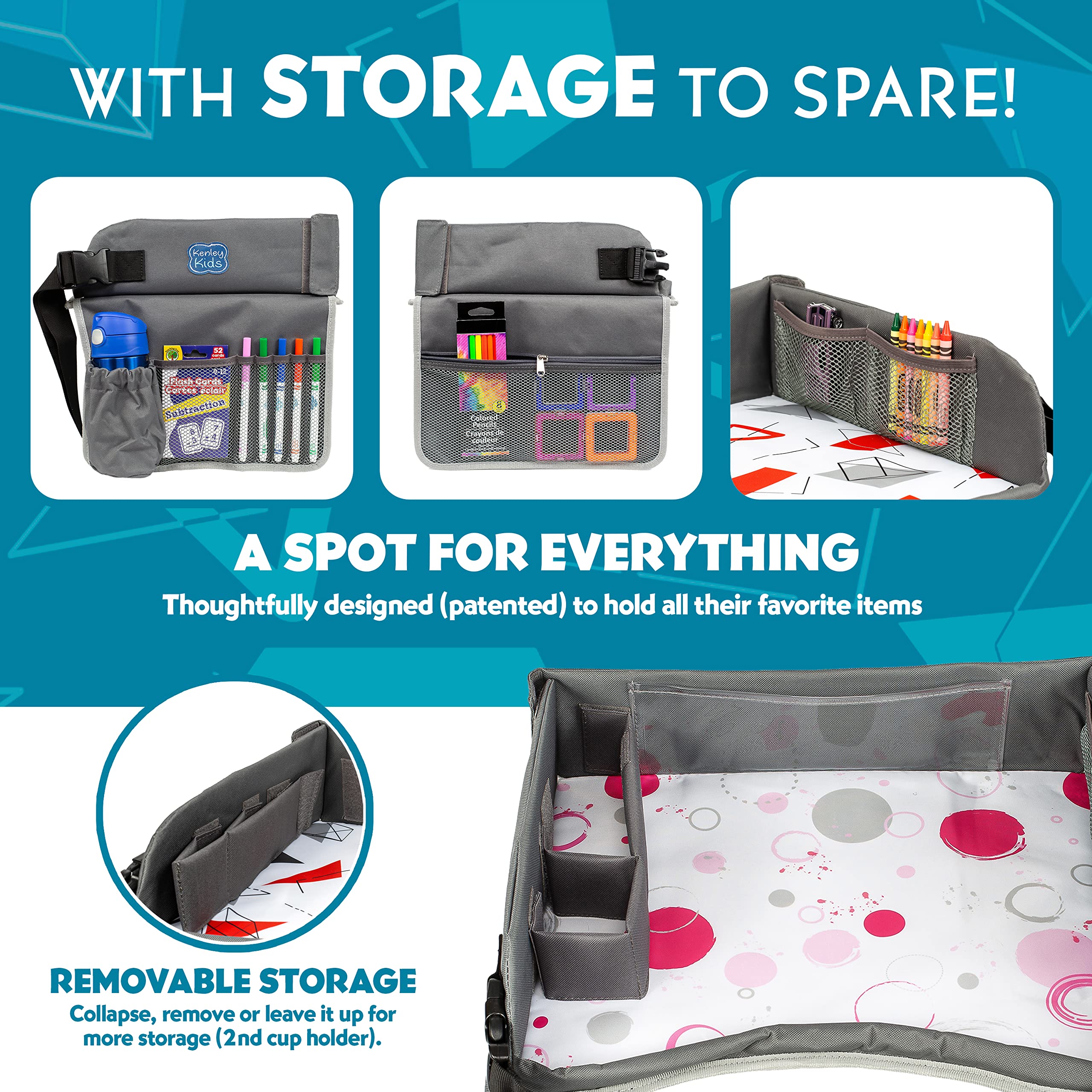 Kenley Kids Travel Tray waterproof surface cleans up quickly after spills and crumbs.