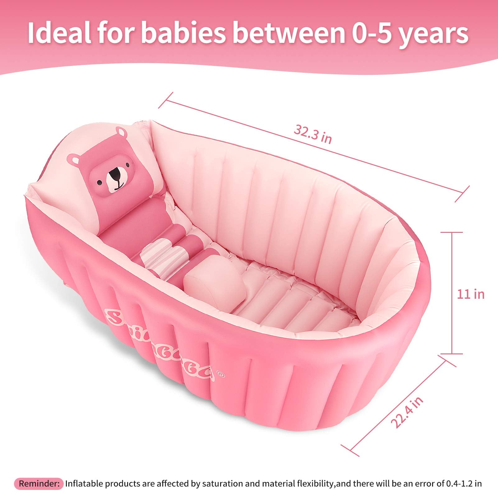 KENPUAZ inflatable baby bath tub pink with drain plug for quick cleanup