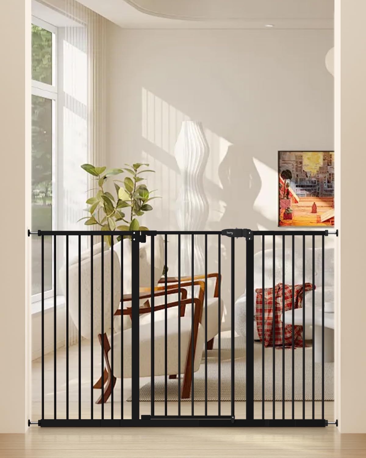keny 36in extra tall gate on stairs provides a secure barrier for kids and pets.