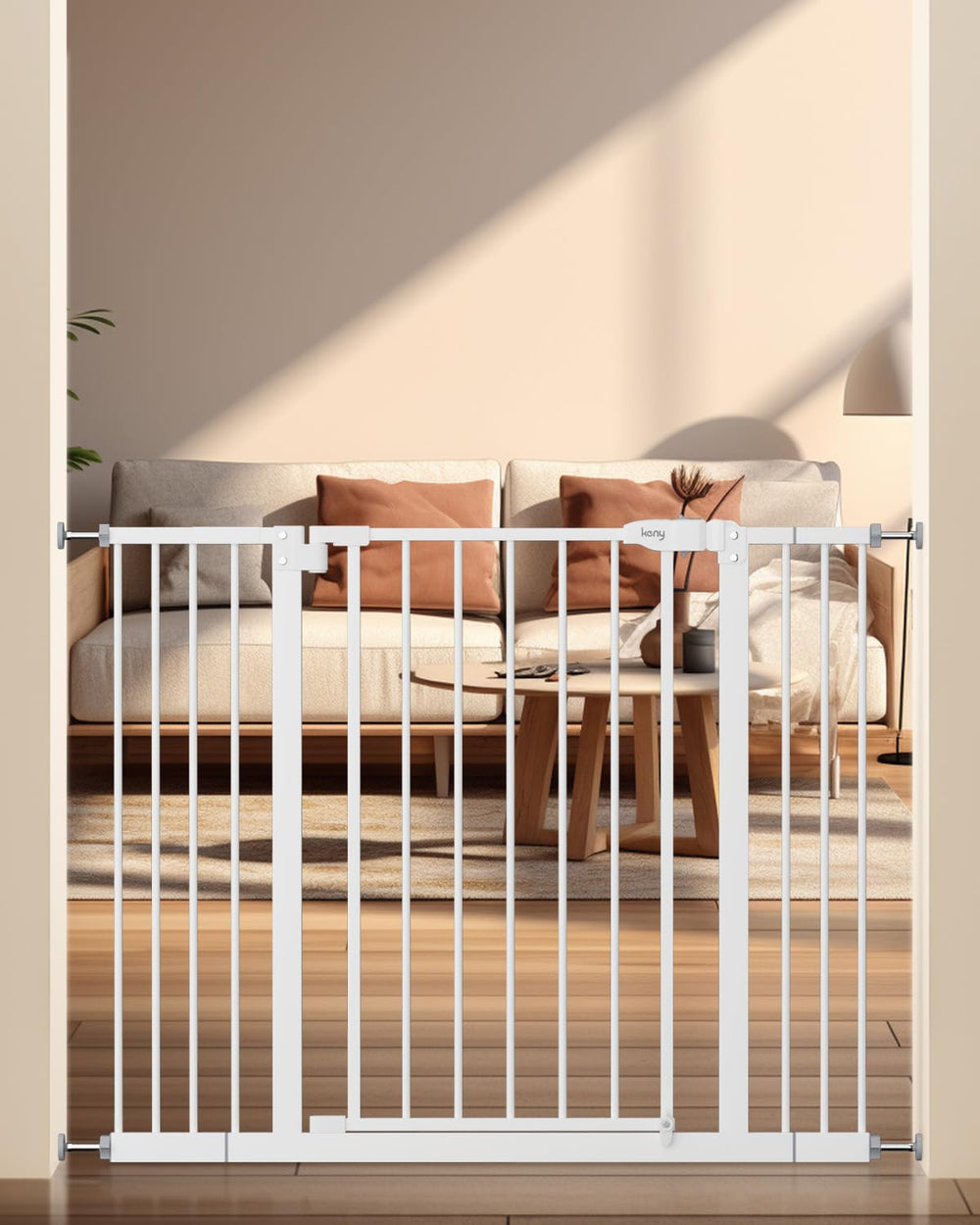 Keny baby gate with wide extensions fits stair openings from 29 to 42.5 inches