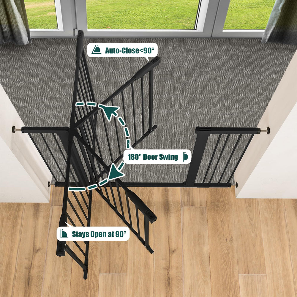 keny baby gate spanning a wide 46 inch opening in a doorway.