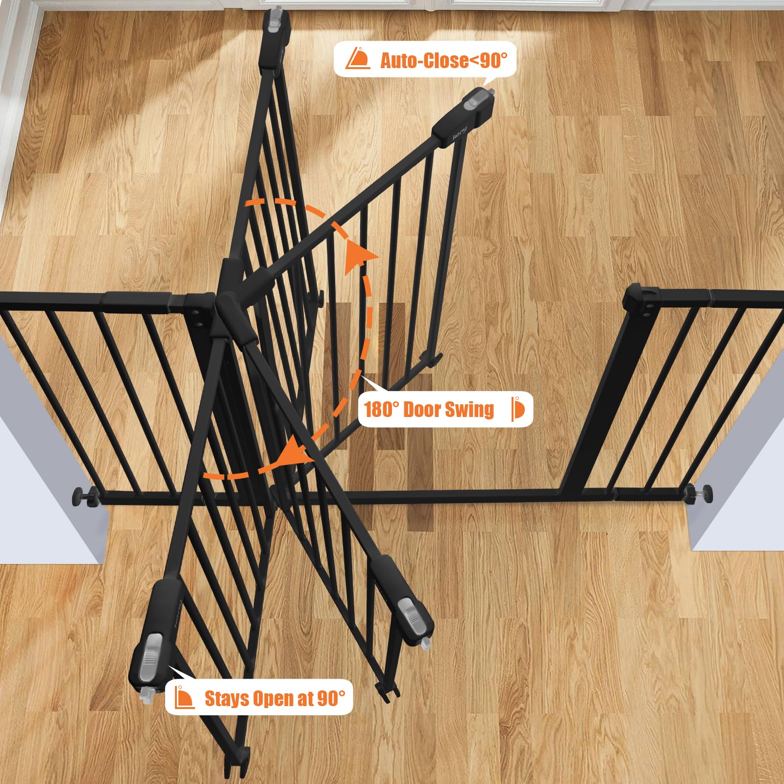 keny extra wide baby gate pressure-mounted installation avoids wall damage.