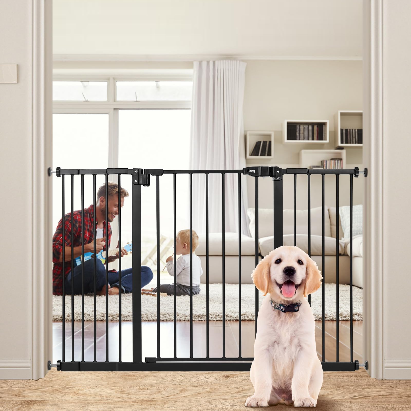 keny extra wide baby gate steel black assembly shows sturdy setup for safe stair openings.