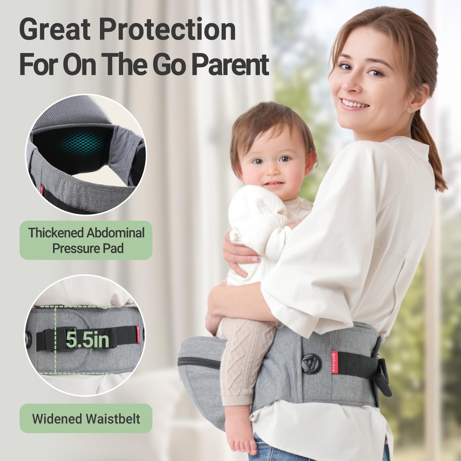 Baby seat in 30 degree M-position demonstrates hip-friendly alignment.
